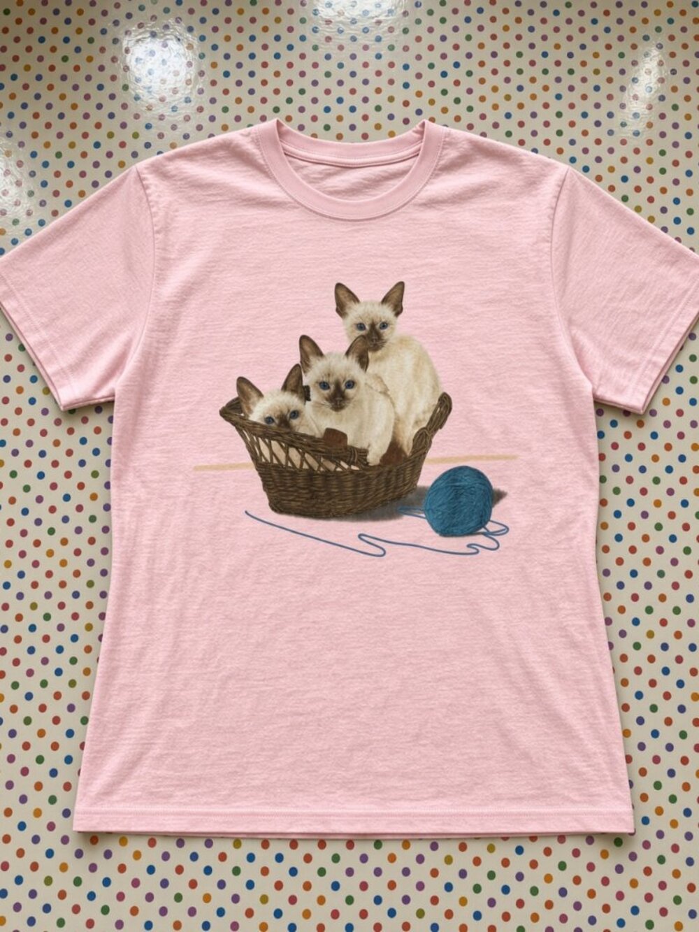 Siamese Kittens In Woven Basket Yarn Ball Graphic T-Shirt Gildan Cotton Tee